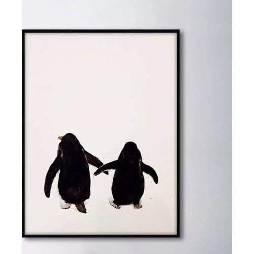 Black and White Two Walking Penguins Canvas Paintings Modular Picture Wall Art Canvas Painting for Living Room No Framed