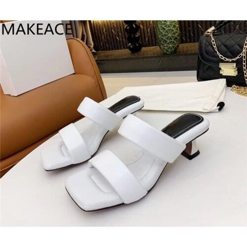 Women Summer Designer Fashion Square Toe Mules Kitten Heel padded Leather Comfort Dress Slippers womens Beach Shoes Woman 2021