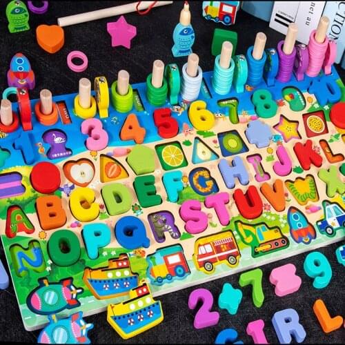 Montessori Educational Wooden Toys Number Letter Traffic Fishing Busy Board Childrens Preschool Math Toy Counting Geometry