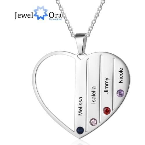 Personalized Engraved Name Family Necklace Customized 4 Birthstones Stainless Steel Heart Necklaces for Women(JewelOra NE103421)