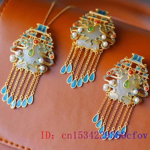 White Jade Heavenly Palace Pendant Jewelry 925 Silver Natural Zircon Crystal Women Gifts Chinese Chalcedony Charm Necklace