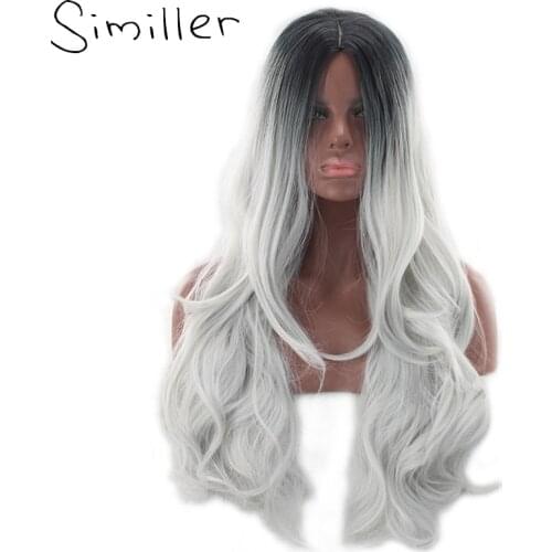 Similler 26" Womens Black To Grey Ombre Wig Long Curly Heat Resistant Synthetic Hair