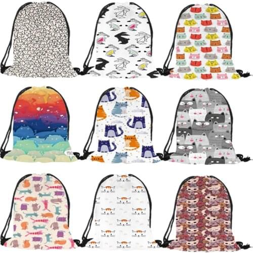 Cartoon Funny Cat Printing Shoulder Bag Soft Polyester Boys Girls Colorful School String Bag Casual Easy Carrying Backpack
