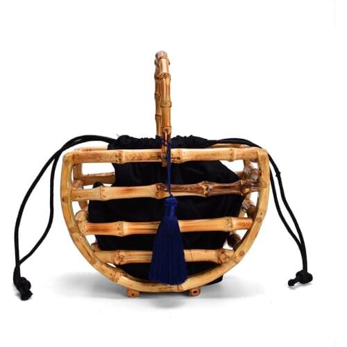 Half Moon Bamboo Handbag Womens Handmade Weave Tote Bags 2021 New Ladies Fashion Hollow Out Beach Bags Tassel Purse