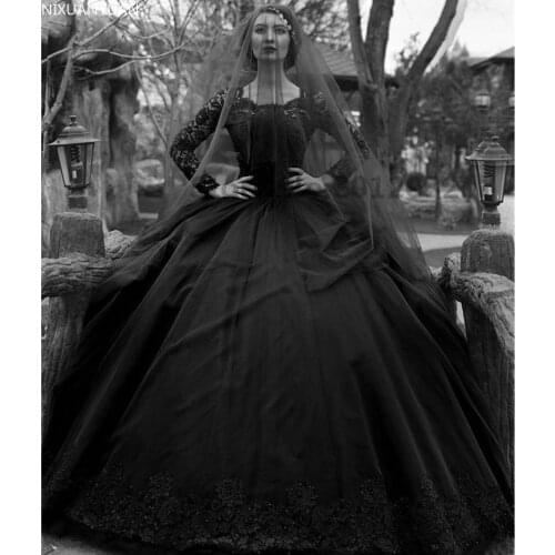 Vintage Long Sleeve Black Gothic Wedding Dress Victorian Lace Bridal Gown Plus Size Custom Made Vestidos De Mariage