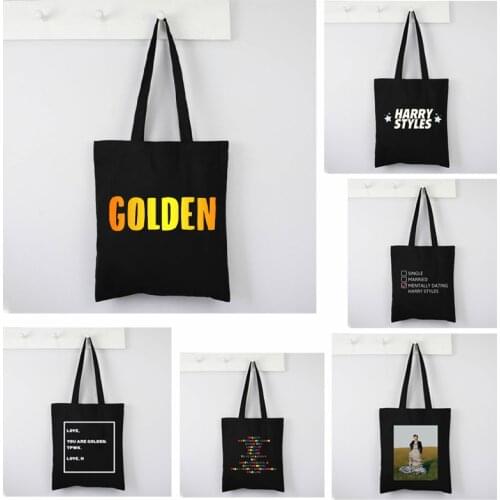 Vintage Golden Harajuku Reusable Shopping Bag Women Canvas Tote Bags Letter Printing Eco Bag Shopper Shoulder Bags