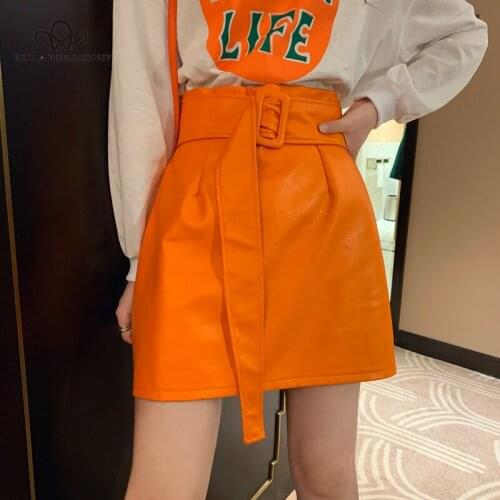 Bella Philosophy 2019 Autunm Solid Women Orange Leather Skirts Ladies Sashes A-line High Waist Skirts Female Green Mini Skirts
