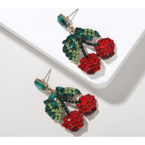 Dvacaman Trendy Cute Rhinestone Glass Cherry Drop Earrings for Women Bling Bling Crystal Fruit Earrings Dangle Bohemian Jewelry