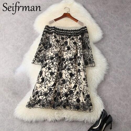 Seifrmann New 2021 Summer Women Fashion Runway Party Mini Dress Long Sleeve Gorgeous Beading Embroidery Ladies Loose Mesh Dress