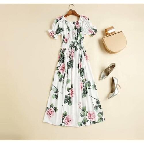 Womens European and American dress 2021 summer new styles Rose print with single collar and short sleeves Fashionable dress