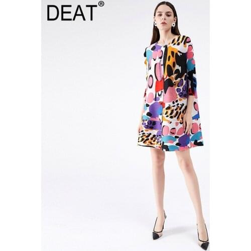 DEAT 2021 Pleated Dress Women Leopard Print Hit Color Seven Sleeve Round Collar Loose Mini Length Casual Fashion Trend AM54209