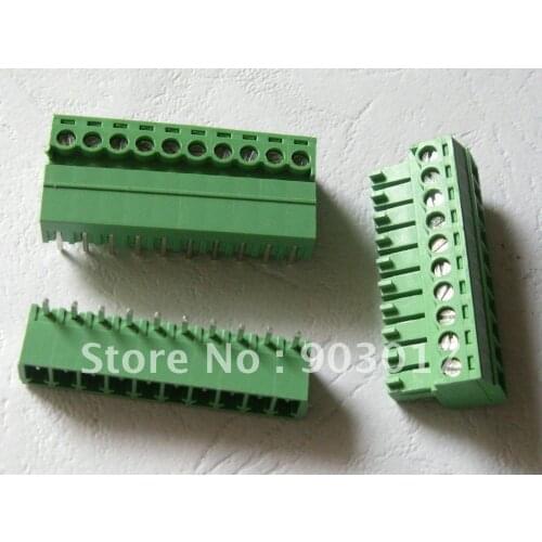 100pcs Angle 10pin/way Pitch 3.5mm Screw Terminal Block Connector Green Color Pluggable Type with angle pin