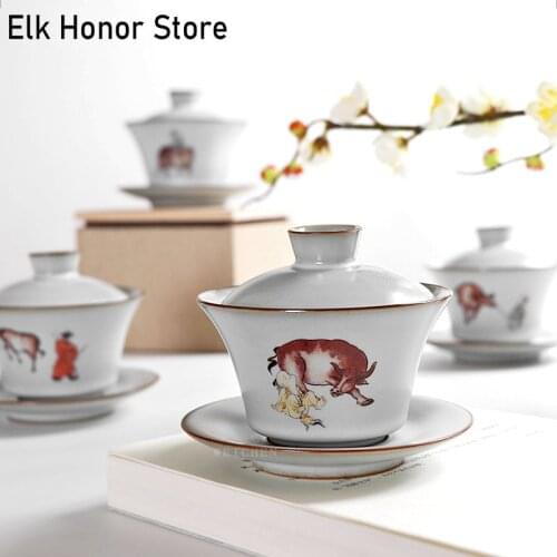160ml Ru Kiln Cow GaiWan Coarse Ceramic Tea Tureen Bluish White Pastoral Farming Life Ceramic Bowl With Lid Kung Fu Tea Sopera