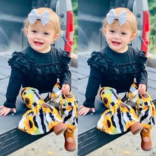2020 New Fashion Newborn Kid Baby Girl Clothes Tops Sunflower Striped Pants Outfits 2Pcs Set