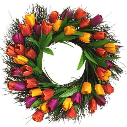 Tulip Flower Garland Wreath Artificial Outdoor Silk Plant For Home Decoration 50cm Garden Door Wedding Decor