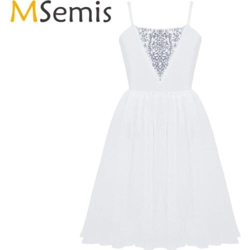 Kids Girls Ballet Mesh Dress Gymnastics Leotard Dress Ballerina Clothing Spaghetti Shoulder Straps Sequins Ballet Dance Dress