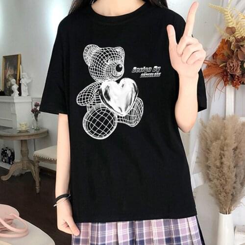 Hip Hop Streetwear T-Shirt Heart Bear Letter Print Tshirt Women Fashion Summer Harajuku Casual Short Sleeve T Shirt Tops Tee y2k