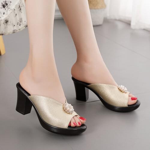 GKTINOO 2021 Summer Shoes Women Slides Thick Heels Slippers Bling Open Toes Sandals Genuine Leather Women Slipper