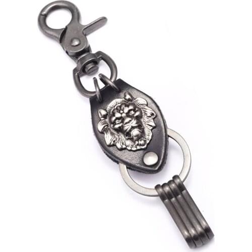 Creative Pattern Leather Rope hand-woven Keychain Metal Keychain Domineering Lion Shape Key Ring Car Pendant Accessories Unisex