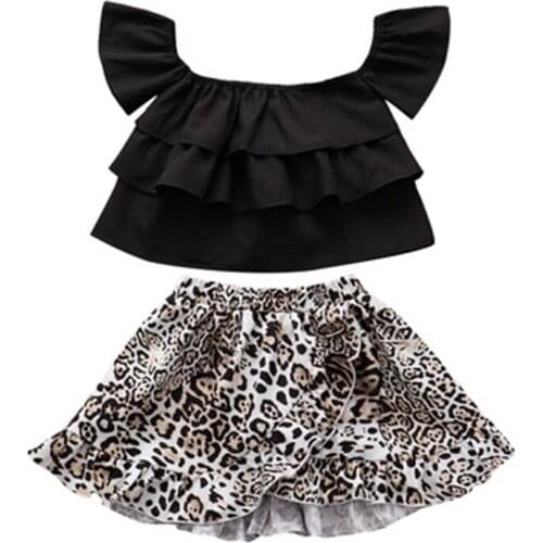 New Summer Childrens 2 Pieces Suits Kids Girls' Off Shoulder T-shirts + leopard print split irregular skirt set