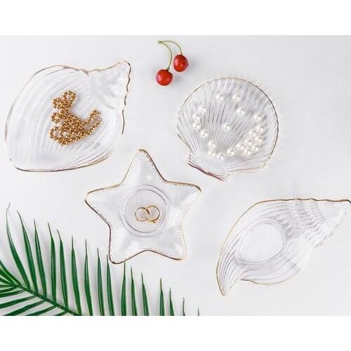 Factory Wholesale Gold Rim Sea Features Sea Snail Starfish Scallop Shape Transparent Rainbow Crystal Glass Dish Plate