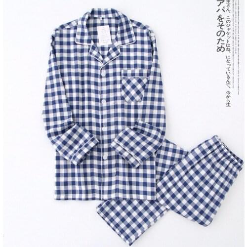 Autumn Couple Plaid Pajamas Cotton Gauze Living Clothes Long-sleeved Trousers Mens and Womens Sleepwear Suits Pjs Women Set