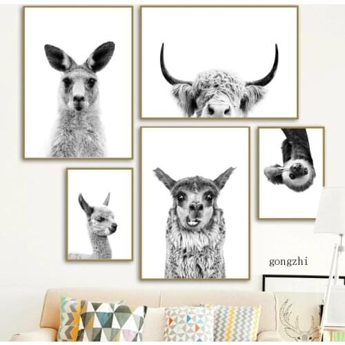 Kangaroo Alpaca Yak Otter Sloth Nordic Posters Black White Animal Canvas Painting and Prints Wall Art Pictures Living Room Decor