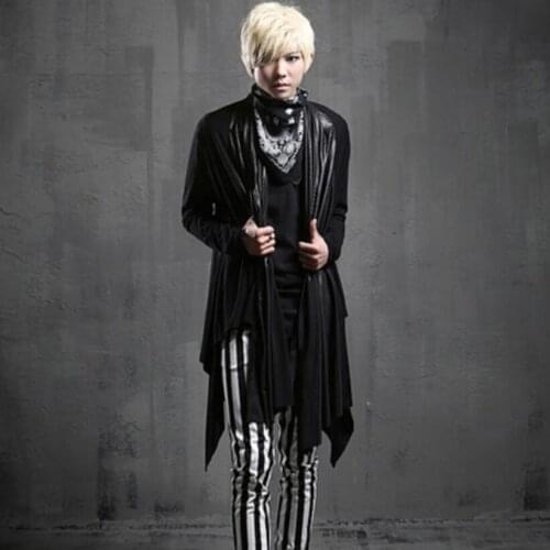 Spring autumn men leather patchwork gothic punk rock trench coat long cloak cardigan nightclub DJ singer stage cape costume