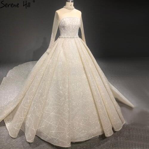 Serene Hill Dubai Luxury Champagne Long Sleeves Wedding Dress Stunning Beading Diamond Bridal Gown Custom Made CHA2455