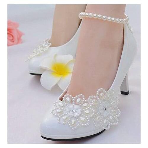 Ivory lace pearls bridal wedding pumps shoes woman 9CM high heels ankle beading strap band bridal brides pumps for woman