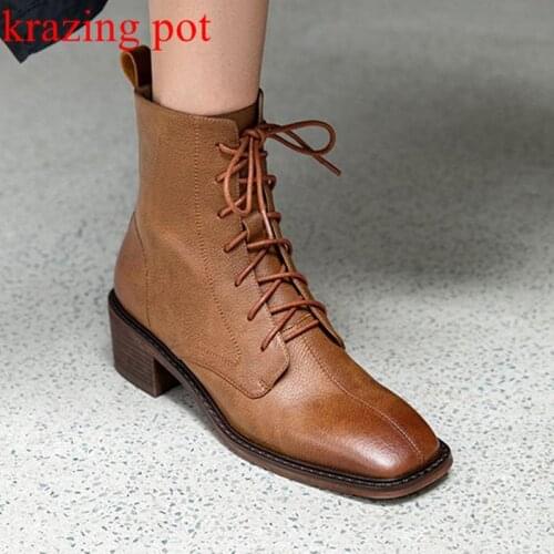 Cow leather square toe vintage color Chelsea boots lace up office lady cross-tied keep warm med heels winter career ankle boots