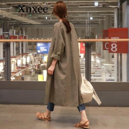 Xnxee Medium Long Cotton And Linen Sun Protection Clothing Female Autumn Large Size Loose Thin Over Knee Cardigan Trench Coat