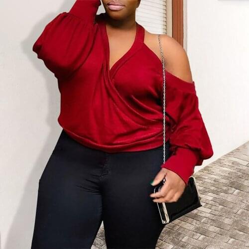 2021 Women T-shirt Plus Size Large Halter V Neck Lantern Sleeve Solid Casual Tops Pullver Shirt L-4XL