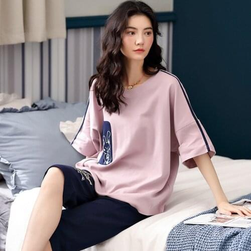 Womens Pajamas Summer Pajamas Suit two pcs 100% Cotton Soft Sleepwear Homewear Kawaii Nightwear 2XL Cartoon Home Service