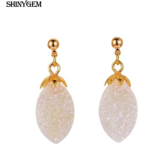 ShinyGem Fashion White Opal Drop Earrings Pure Gold Base Solid Real Natural Stone Crystal Druzy Drop Dangle Earrings For Women