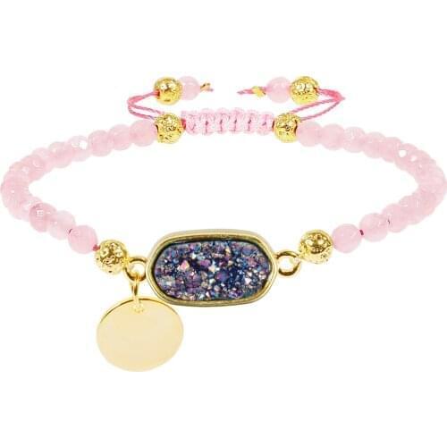 Rose Quartz Faceted Stone Beads Bracelet Oval Titanium Coated Quartz Druzy Crystal Bracelet Stone Women Jewelry