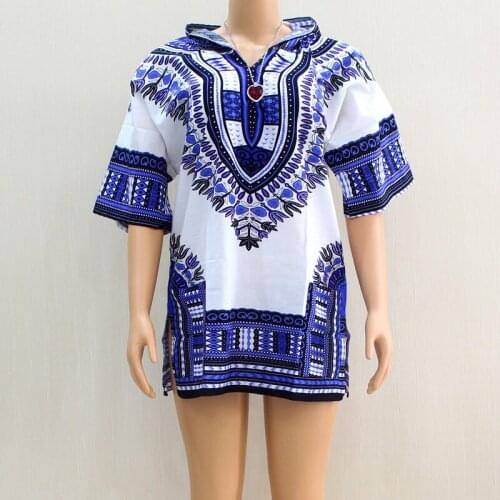 2019 New Arrival Dashikiage 100% Cotton Blue Dashiki Pattern Printed Hoodies Short Sleeve African Dashiki Tops Shirt
