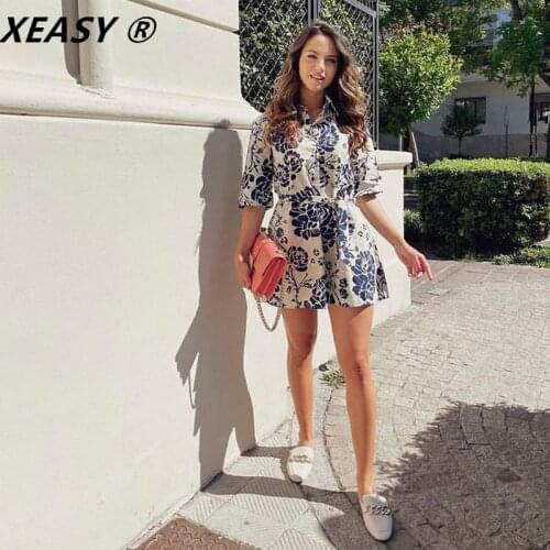 XEASY Women 2021 Fashion Blue Totem Print With Belt Mini Shirt Dress Vintage Three Quarter Sleeve Button-Up Female Dresses Mujer