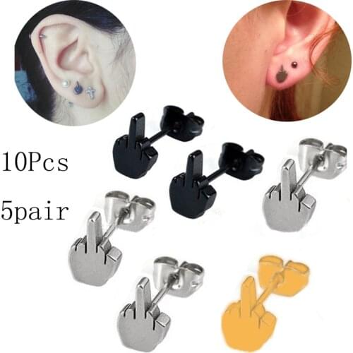 10Pcs /5pair Women Punk The Middle Finger Design Stud Earrings Medical Stainless Steel Fine Jewelry Gifts
