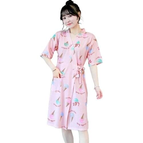 2811D-1 Women Gauze Kimono Plaid Pattern Bathrobe Night Gown Home Service Household Clothes Spring and Summer Robe