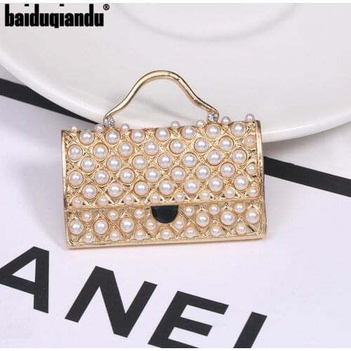 Baiduqiandu Brand Exquisite Simulated Pearls Paving Handbag Brooch Pins Jewelry for Lady