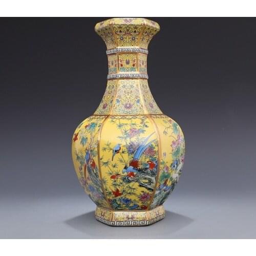 Qianlong Year Enamel Painted Gold Hexagonal Vase with Design of Flowers and Birds Decoration Antique Porcelain Antique Porcelain