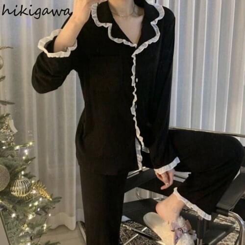 Hikigawa Sweet Pajamas Women 2021 Autumn Long Sleeve Trousers Sleepwear Suit Korean Simple Turn Down Collar Pajama Home Service