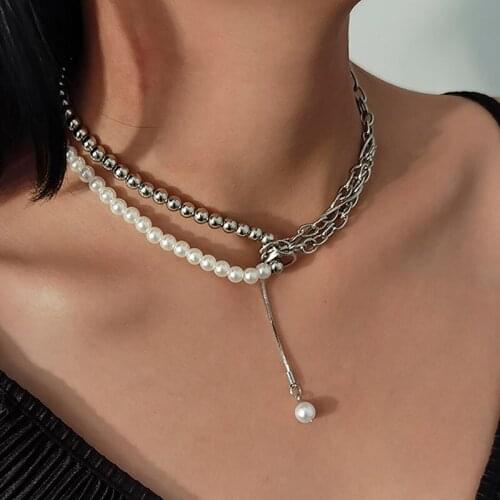 Trendy Asymmetrical Thick Chains Choker Baroque Pearl Pendant Necklace Women Fashion Punk Geometric Clavicle Necklace Jewelry