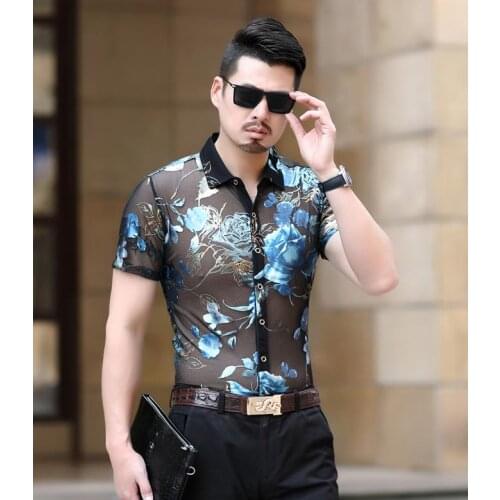 Mens Fashion Trendy Silk Shirts Summer Short Sleeve See Through Sexy Transparent Men Mesh Formal Flower Shirt Slim Thin