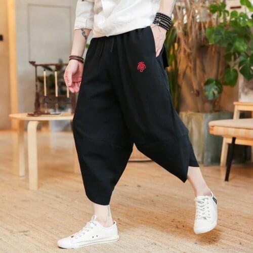 #2516 Summer Streetwear Hip Hop Pants Men Joggers Casual Sweat Pants Retro Linen Wide Leg Trousers Loose Plus Size Embroidery