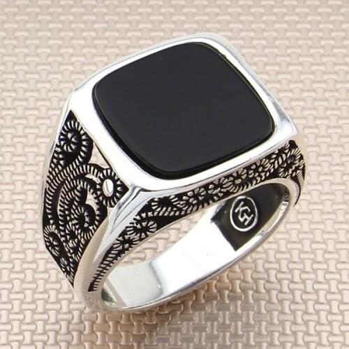 Square Black Onyx Stone Men Silver Ring With Symmetrical Motif Made in Turkey Solid 925 Sterling Silver