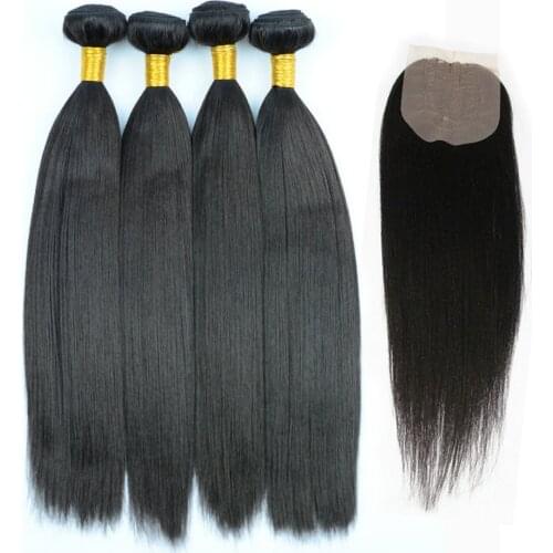 Soft Silk Yaki Straight Heat Resistant Fiber Hair Weaves With Free Closure,Yaki Wave Hair Extension 26 Inch One Bundle 100g