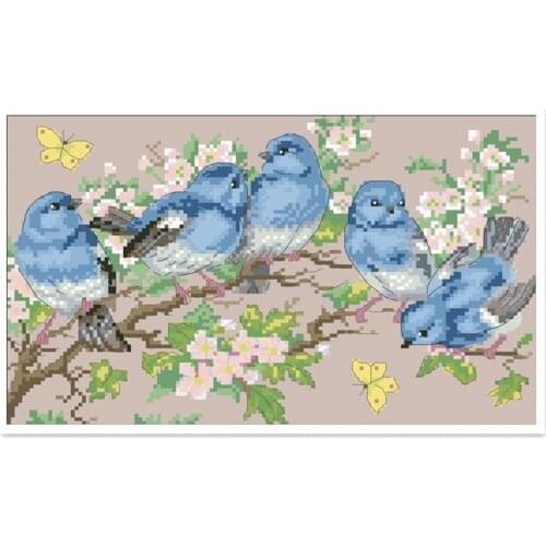 Five blue birds cross stitch kit flower design cotton silk thread 18ct 14ct 11ct linen flaxen canvas embroidery DIY needlework