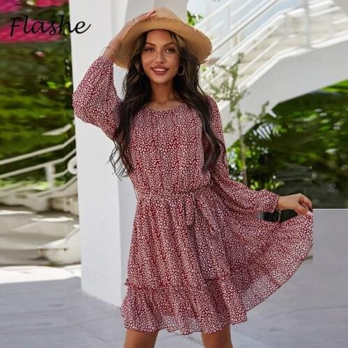 Womens Floral Print Ruffled Summer Dress Elegant Long Sleeve Sashes Female Chiffon Dress Bohemian Spring Slim Waist Dress